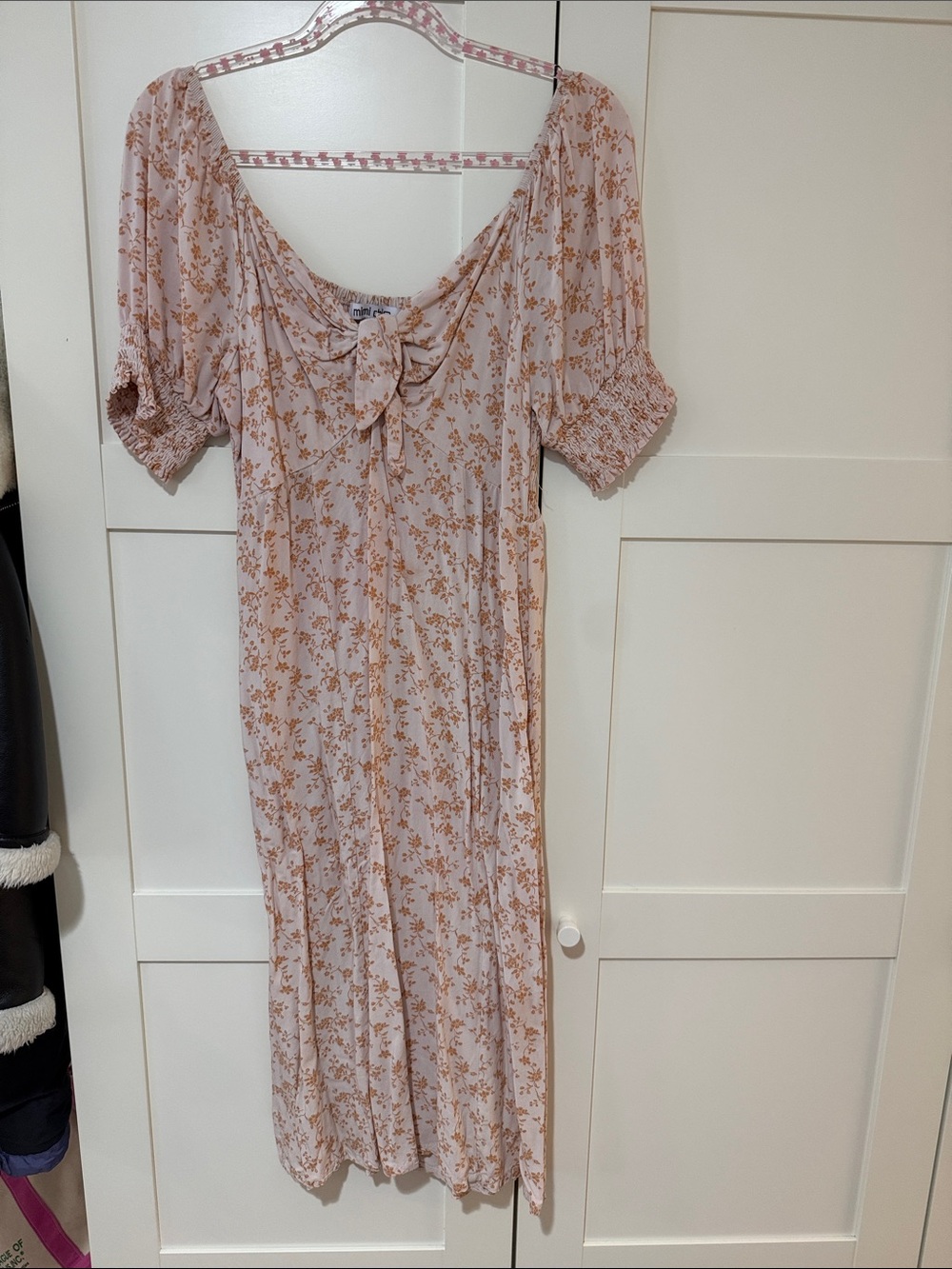 Mimi Chica Light Pink Floral Midi Dress with Tie Front
